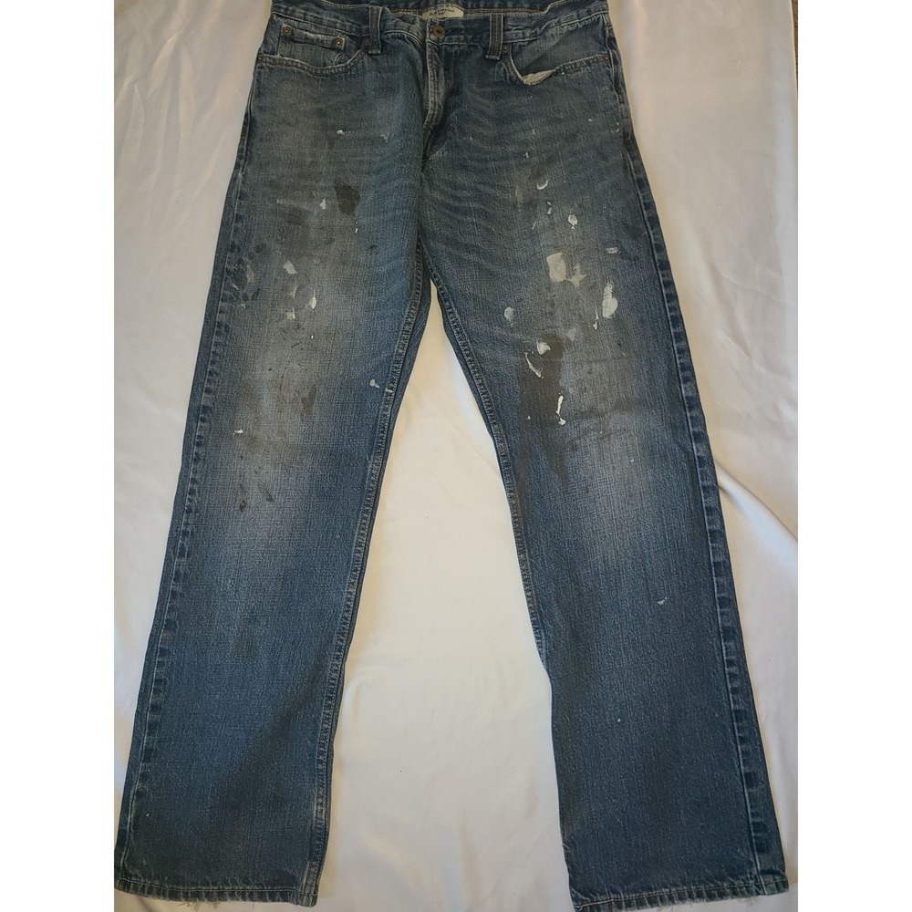 Levi 514 Slim Straight Mens Jeans Blue Paint Splatter Distressed Size 34x32